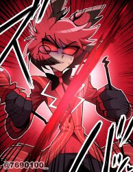  1boy alastor_(hazbin_hotel) animal_ears antlers black_bow black_bowtie black_gloves black_hair black_pants bob_cut bow bowtie broken_staff coat colored_sclera colored_tips commentary_request covered_mouth cowboy_shot deer_antlers deer_boy deer_ears emphasis_lines fewer_digits fingerless_gloves gloves grin halftone halftone_background hands_up hazbin_hotel hellaverse holding holding_staff horns lapels looking_at_viewer male_focus menattou monocle multicolored_hair outline pants red_background red_coat red_eyes red_hair red_sclera red_shirt red_theme scene_reference shirt short_hair simple_background smile solo staff standing striped_coat sweat traditional_bowtie tsurime two-tone_hair v-shaped_eyebrows vertical-striped_coat white_outline wide-eyed 