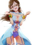  1girl :d bishoujo_senshi_sailor_moon bracelet breasts brown_eyes brown_hair character_request choker cleavage cosplay earrings highres jewelry long_hair open_mouth sailor_aluminum_seiren sailor_aluminum_seiren_(cosplay) smile solo star star_earrings white_background yuyu_(yuyurhythm) 