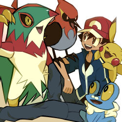  1boy :d absurdres ash_ketchum baseball_cap bird black_hair black_shirt blue_jacket brown_eyes brown_sclera claws closed_eyes colored_sclera commentary_request fangs fletchinder froakie grey_pants hat hawlucha highres jacket male_focus on_shoulder open_mouth ottoyamaotoko8 pants pikachu pokemon pokemon_(anime) pokemon_(creature) pokemon_on_arm pokemon_on_shoulder pokemon_xy_(anime) red_hat shirt short_hair short_sleeves simple_background sitting smile standing teeth upper_teeth_only white_background yellow_eyes 