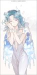  1girl bangs bishoujo_senshi_sailor_moon blue_hair bracelet cape character_name closed_eyes dress flower hair_flower hair_ornament hands_clasped interlocked_fingers jewelry kaiou_michiru parted_bangs shamko short_hair solo white white_background white_dress 