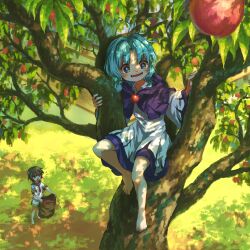  2girls absurdres barefoot blue_eyes blue_hair brown_hair commentary_request dress english_commentary flying_sweatdrops food fruit green_sailor_collar highres holding holding_sack hood hood_up in_tree kumoi_ichirin long_hair mixed-language_commentary multiple_girls murasa_minamitsu necktie no_headwear open_mouth outdoors peach purple_hood red_necktie sack sailor_collar shirt short_sleeves shorts sitting sitting_in_tree smile suteruko toes touhou tree white_dress white_shirt white_shorts 