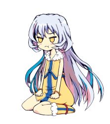  1boy :i anklet ao_ran aries_(yasei_no_last_boss) bare_arms blue_hair blue_trim blush boots bracelet deformed dress flipped_sidelocks full_body fur-trimmed_boots fur-trimmed_vest fur_trim hair_between_eyes hands_on_own_thighs invisible_floor inward_flipped_hair jewelry long_hair looking_at_viewer male_focus multicolored_hair no_pupils pout sidelocks simple_background sitting sleeveless solo streaked_hair trap v-shaped_eyebrows very_long_hair vest wariza white_background white_hair white_trim yasei_no_last_boss_ga_arawareta yellow_boots yellow_dress yellow_eyes yellow_vest 