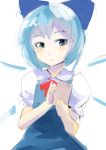  1girl blue_dress blue_eyes blue_hair blush bow cellphone cirno dress hair_bow ice ice_wings phone puffy_short_sleeves puffy_sleeves self_shot shirt short_sleeves sinzan sketch solo touhou wings 