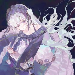  1girl black_dress black_hairband black_ribbon bow closed_mouth collarbone commentary dark_background dress eyes_visible_through_hair fingernails frilled_dress frilled_sleeves frills from_above gothic_lolita hair_over_one_eye hairband hand_up highres holding holding_pillow holding_stuffed_toy lace-trimmed_dress lace-trimmed_hairband lace_trim layered_dress lolita_fashion lolita_hairband long_hair long_sleeves looking_at_viewer looking_up mahou_shoujo_no_majo_saiban natsume_an-an off-shoulder_dress off_shoulder pillow ribbon sleeve_bow solo stuffed_animal stuffed_sheep stuffed_toy symbol-only_commentary very_long_hair violet_eyes white_bow white_hair white_nails wide_sleeves wusubamineko 