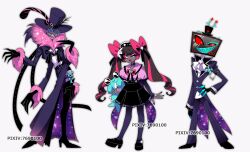  1girl 2boys :d ;3 ;d arm_at_side ascot belt black_belt black_boots black_bow black_choker black_gloves black_hairband black_hat black_nails black_shoes black_shorts black_skirt blood blood_from_mouth blue-tinted_eyewear blue_teeth boots bow bowtie breasts brooch brown_hair choker coat collared_shirt colored_sclera colored_skin colored_teeth commentary_request contrapposto cropped_jacket curly_hair dark-skinned_female dark_skin extra_arms eyeshadow fewer_digits fingerless_gloves frilled_shirt_collar frilled_skirt frilled_sleeves frills full_body fur-trimmed_jacket fur-trimmed_sleeves fur_trim gloves grey_background grin hair_bow hairband hand_on_own_hip hands_up hat hat_feather hazbin_hotel heart hellaverse high-waist_skirt high_heel_boots high_heels highres holding holding_stuffed_toy jacket jewelry long_hair long_skirt long_sleeves looking_at_viewer makeup mary_janes menattou miniskirt multiple_boys nail_polish object_head one_eye_closed open_clothes open_jacket open_mouth orange_teeth pants pantyhose petite pink_bow pink_bowtie pink_eyeshadow pink_hair pink_shirt pixiv_id puffy_short_sleeves puffy_sleeves purple_coat purple_jacket purple_pants purple_pantyhose purple_skin purple_skirt red_sclera ringed_eyes scar_across_eyes sharp_teeth shirt shirt_tucked_in shoes short_sleeves shorts side_slit simple_background skirt slit_pupils small_breasts smile standing star-shaped_eyewear star_(symbol) studded_belt studded_hairband stuffed_toy sunglasses suspender_skirt suspenders swept_bangs tall_male teeth television thigh_boots tinted_eyewear tongue top_hat tsurime twintails v-shaped_eyebrows valentino_(hazbin_hotel) velvette_(hazbin_hotel) very_long_hair vox_(hazbin_hotel) white_ascot white_eyes white_hair white_shirt yellow-framed_eyewear yellow-tinted_eyewear 