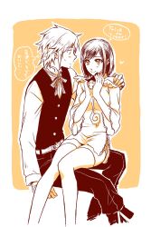  1boy 1girl allen_walker asukawvm belt blush bob_cut border breasts buttons collared_shirt creature cross d.gray-man dress_shirt facing_another feet_out_of_frame frilled_shirt frilled_shirt_collar frills gloves golem_(d.gray-man) hand_on_another's_shoulder hat highres holding holding_creature invisible_chair legs lenalee_lee long_sleeves looking_at_another medium_breasts messy_hair mini_hat monochrome outside_border pants profile ribbon shirt short_hair shorts side_slit sidelocks simple_background sitting sitting_on_lap sitting_on_person smile speech_bubble sweat sweatdrop tail thigh-highs thighs thought_bubble timcanpy trick_or_treat vest white_border wide_sleeves wings witch_hat yellow_background yellow_theme zettai_ryouiki 