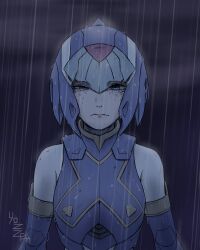  1girl absurdres armor blue_armor blue_eyes blue_helmet fairy_leviathan_(mega_man) forehead_jewel helmet highres mega_man_(series) mega_man_zero_(series) rain solo upper_body yozzzeh 