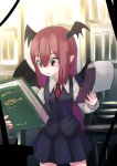  1girl :o bat_wings book clipboard hair_between_eyes hashiro head_wings holding holding_book koakuma library long_hair long_sleeves necktie paper pointy_ears red_eyes redhead skirt skirt_set solo touhou very_long_hair vest voile wings 