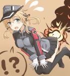  !? 1girl anchor anchor_hair_ornament atatata71 black_legwear black_skirt blonde_hair breasts explosion flying_sweatdrops gloves green_eyes hat highres iron_cross kantai_collection long_sleeves microskirt military military_hat military_uniform no_shoes open_mouth peaked_cap pleated_skirt prinz_eugen_(kantai_collection) skirt thigh-highs twintails uniform white_gloves 