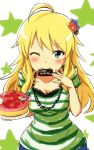  1girl ;) ahoge blonde_hair breasts cake casual cleavage engiyoshi food green_eyes hair_ornament happy_birthday hoshii_miki idolmaster long_hair looking_at_viewer mouth_hold one_eye_closed shirt smile solo striped striped_shirt 