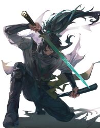  1boy arm_armor black_boots black_hair black_pants boots cloak closed_mouth commentary_request dynamic_pose grey_eyes highres holding holding_sheath holding_sword holding_weapon long_hair male_focus pants pokkkkaringo qiuyuan_(wuthering_waves) sheath solo sword unsheathed weapon white_cloak wuthering_waves 