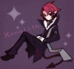  1boy character_name coat crossed_legs disgaea disgaea_d2 gloves kazamine_(stecca) male pants pointy_ears purple_background red_eyes redhead scarf shoes solo tail xenolith 