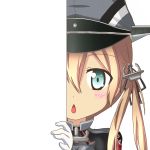  1girl anchor_hair_ornament blonde_hair blue_eyes gloves hiding kantai_collection nagineko open_mouth peeking_out prinz_eugen_(kantai_collection) simple_background solo transparent_background twintails white_gloves 