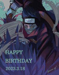  1boy akatsuki_uniform black_coat blue_skin coat colored_skin dated forehead_protector happy_birthday highres holding holding_sword holding_weapon hoshigaki_kisame kirigakure_symbol long_sleeves looking_at_viewer male_focus naruto_(series) naruto_shippuuden samehada_(naruto) sharp_teeth solo sword teeth twitter_username unno_24 weapon 