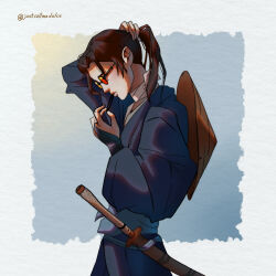  1girl blue_bridal_gauntlets blue_eye_samurai blue_kimono bridal_gauntlets brown_hair commentary english_commentary from_side hair_tie_in_mouth hat hat_on_back highres japanese_clothes justcallmedolce kimono mizu_(blue_eye_samurai) mouth_hold orange-tinted_eyewear ponytail rice_hat sheath solo sunglasses sword tinted_eyewear tumblr_username tying_hair upper_body weapon 