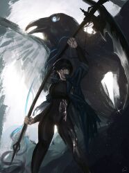 1girl animal bags_under_eyes bird black_bodysuit blue_eyes blue_jacket bodysuit clenched_hand crow day empty_eyes feet_out_of_frame glowing glowing_eyes gloxartx head_tilt high_collar highres holding holding_scythe holding_weapon jacket jet_(shadow_slave) light_particles long_sleeves looking_at_viewer open_clothes open_jacket oversized_animal pigeon-toed popped_collar scythe shadow_slave sleeves_rolled_up spread_legs standing torn_clothes torn_jacket twisted_torso weapon 
