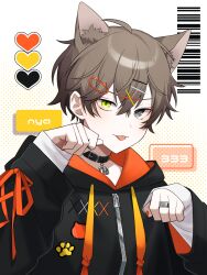  1boy :p alban_knox animal_collar animal_ear_fluff animal_ears barcode black_hoodie brown_hair cat_ears collar commentary_request green_eyes grey_eyes hair_ornament heart heterochromia highres hood hoodie long_sleeves looking_at_viewer male_focus nail_polish nana72710193 nijisanji nijisanji_en orange_nails paw_pose paw_print short_hair solo tongue tongue_out virtual_youtuber white_background x_hair_ornament zipper 
