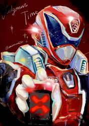  1boy absurdres armor bodysuit dekared helmet highres holding male_focus no.1_sentai_gozyuger red_armor red_background red_bodysuit red_helmet simple_background solo sp_license super_sentai tokusou_sentai_dekaranger uminounita upper_body 