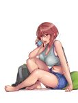  1girl backpack bag barefoot blush breasts brown_eyes brown_hair camera cellphone cleavage large_breasts midriff navel open_mouth phone rozen_maiden short_hair short_shorts shorts simple_background sitting solo souseiseki tank_top tsuda_nanafushi white_background 