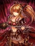  1girl black_gloves bow brown_hair cowboy_shot edobox gloves granblue_fantasy greaves grin hair_bow hair_ornament long_hair navel ponytail red_eyes skirt smile solo spaulders sword weapon 