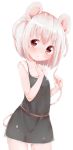  1girl animal_ears belt blush dress finger_to_mouth highres holding looking_at_viewer mouse_ears mouse_tail original red_eyes rima_(rimarip) short_hair sleeveless solo standing tail white_background white_hair 