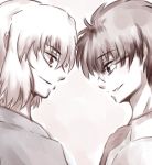  2boys black_hair blue_eyes eye_contact glasses japanese_clothes looking_at_another lowres mii_elene multiple_boys open_clothes open_shirt red_eyes short_hair smile toono_shiki toono_shiki_(2) tsukihime white_background white_hair 
