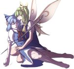  2girls blue_hair bow cirno crack cuts daiyousei death dress frozen green_eyes green_hair hair_bow ice impaled injury mefomefo multiple_girls ofuda puffy_short_sleeves puffy_sleeves short_hair short_sleeves side_ponytail stick touhou wings 
