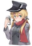  1girl anchor_hair_ornament blonde_hair blush breath bust green_eyes hat iron_cross jacket kantai_collection looking_at_viewer military military_hat military_jacket military_uniform no_gloves peaked_cap prinz_eugen_(kantai_collection) red_scarf roll_okashi scarf simple_background solo starbucks twintails uniform white_background 