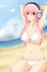  1girl armpits arms_behind_head beach bikini blush breasts cleavage headphones highres large_breasts long_hair looking_at_viewer navel nitroplus pink_eyes pink_hair skindentation smile solo super_sonico swimsuit white_bikini white_swimsuit 