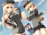  5girls alcohol anchor_hair_ornament aqua_eyes bare_shoulders basket beer beret bismarck_(kantai_collection) blonde_hair blue_eyes blush breasts brown_eyes brown_hair clothes_writing clouds cowboy_shot cup detached_sleeves dutch_angle gengetsu_chihiro green_eyes hand_on_hip hat highres i-8_(kantai_collection) kantai_collection long_hair looking_at_viewer low_twintails microskirt mug multiple_girls peaked_cap prinz_eugen_(kantai_collection) sailor_dress sandwich short silver_hair skirt sky smile twintails z1_leberecht_maass_(kantai_collection) z3_max_schultz_(kantai_collection) 