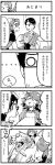  1boy 2girls 4koma apron blank_eyes clothes_theft comic feathered_wings formal glasses hair_over_one_eye harpy head_feathers head_scarf hirokazu_sasaki monochrome monster_girl multiple_girls necktie nobuyoshi-zamurai payot rin_(torikissa!) shirtless siblings sisters suit suzu_(torikissa!) sweatdrop tail_feathers talons theft torikissa! translation_request wings 