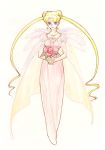  1girl alternate_costume bishoujo_senshi_sailor_moon blonde_hair blue_eyes cape crescent_moon double_bun dress enon+0+ facial_mark flower forehead_mark full_body holding jewelry long_dress long_hair moon necklace pink_dress princess_serenity red_rose rose tsukino_usagi twintails very_long_hair white_background white_dress 