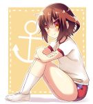  1girl anchor_symbol blush brown_eyes brown_hair buruma crossed_arms gym_uniform hair_between_eyes hair_ornament hairclip ikazuchi_(kantai_collection) kantai_collection knees_together_feet_together knees_up kurono_nekomaru looking_at_viewer shoes short_hair sitting smile sneakers solo 