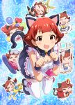  1girl :3 :d animal_ears brown_eyes brown_hair cat_ears cat_tail character_name chibi dani-ikapi idolmaster idolmaster_million_live! nonohara_akane open_mouth paw_pose short_hair smile tail thigh-highs zettai_ryouiki 