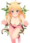  1girl :q barefoot blonde_hair blush breasts cleavage green_eyes highres hoshii_miki idolmaster large_breasts leopard_ears leopard_print leopard_tail long_hair looking_at_viewer short_hair smile solo tongue tongue_out tsurui 