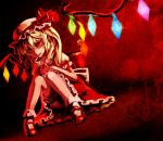  1girl blonde_hair flandre_scarlet hat megurimu mob_cap open_mouth red_eyes ribbon short_hair side_ponytail sitting solo tongue tongue_out touhou wings 