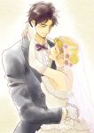  1boy 1girl bare_shoulders black_hair blonde_hair bridal_veil closed_eyes couple dress elbow_gloves erina_pendleton gloves green_eyes hetero hug jojo_no_kimyou_na_bouken jonathan_joestar long_hair shiranui02 short_hair tears veil wedding_dress 