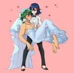  1boy 1girl barefoot black_hair blush bowtie bridal_veil carrying crossdressinging dress formal green_hair heart highres jewelry kill_la_kill looking_at_another matoi_ryuuko necklace pants princess_carry role_reversal sanageyama99 sanageyama_uzu short_hair smirk suit veil wedding_dress white_dress 