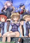 5girls =_= ahoge anchor_hair_ornament bare_shoulders bismarck_(kantai_collection) black_legwear black_ribbon black_skirt blonde_hair blue_sky blue_swimsuit blush breasts brown-framed_glasses brown_hair burning burnt_clothes closed_eyes clothes_writing clouds collarbone covered_navel crane detached_sleeves fence fire frown glasses green_eyes grey_legwear hair_ornament hair_ribbon hand_on_headwear hat i-8_(kantai_collection) impossible_clothes impossible_swimsuit iron_cross kantai_collection large_breasts long_hair long_sleeves military military_uniform miniskirt multiple_girls name_tag no_mouth one-piece_swimsuit open_mouth over-kneehighs peaked_cap pleated_skirt prinz_eugen_(kantai_collection) red_eyes redhead ribbon sailor_collar sailor_hat school_swimsuit short_hair sideboob silver_hair sitting skindentation skirt sky smile smoke standing swimsuit takahashi_rodemu thigh-highs torpedo twintails uniform white_legwear z1_leberecht_maass_(kantai_collection) z3_max_schultz_(kantai_collection) 