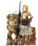  1girl bag belt blonde_hair blush boots brown_boots camouflage coh cravat explosive france frilled_skirt frilled_sleeves frills full_body grenade gun hairband long_hair long_sleeves mars_expedition military military_uniform puffy_long_sleeves puffy_sleeves ribbon robot rock simple_background skirt solo standing thigh-highs uniform weapon weapon_request white_background yellow_eyes zettai_ryouiki 