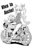  1girl alternate_costume anchovy drill_hair girls_und_panzer greyscale hair_ribbon helmet long_hair looking_at_viewer monochrome motor_vehicle motorcycle motorcycle_helmet muchabou ribbon solo twin_drills twintails vehicle white_background 