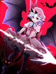  1girl absurdres ascot bat bat_wings blue_hair bow brooch dress fang hat hat_bow highres jewelry looking_at_viewer mob_cap open_mouth pantyhose pink_dress puffy_sleeves red_eyes remilia_scarlet rihito_(usazukin) sash short_sleeves skirt solo spear_the_gungnir touhou weapon wings wrist_cuffs 