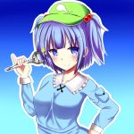 1girl blue_eyes blue_hair blush bust collarbone dress fingernails gradient gradient_background hair_bobbles hair_ornament hand_on_hip hat kawashiro_nitori long_sleeves looking_at_viewer nail_polish pinky_out pocket red_fingernails shirt short_hair solo sparkle touhou twintails wrench 