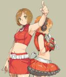 2girls back-to-back bangs brown_background brown_eyes brown_hair bubble_skirt commentary_request daigoman dual_persona gloves halter_top halterneck headphones highres index_finger_raised meiko microphone midriff multiple_girls navel orange_hair pencil_skirt red_gloves short_hair skirt sleeveless small_breasts smile standing swept_bangs vocaloid zipper 