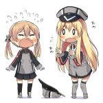  0_0 2girls anchor_hair_ornament artist_request bare_shoulders bismarck_(kantai_collection) black_legwear black_ribbon blonde_hair blush chibi closed_eyes crying detached_sleeves flying_sweatdrops grey_legwear hair_ornament hair_ribbon hat hat_removed headwear_removed iron_cross kantai_collection long_hair long_sleeves military military_uniform multiple_girls no_hat open_mouth peaked_cap prinz_eugen_(kantai_collection) ribbon shadow simple_background tears thigh-highs twintails uniform wavy_mouth white_background 