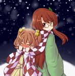  2girls back-to-back bell blush brown_eyes brown_hair closed_eyes futatsuiwa_mamizou glasses hair_bell hair_ornament japanese_clothes kimono leaf leaf_on_head long_hair long_sleeves motoori_kosuzu multiple_girls pince-nez scarf scarf_over_mouth shared_scarf snowing tanasuke touhou two_side_up very_long_hair wide_sleeves 