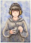  androgynous bangs brown_hair headphones highres hoodie light_smile listening_to_music masa_(neopo-litan) original sennheiser short_hair solo traditional_media walkman watercolor_(medium) 