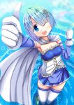  1girl ;d armband blue_eyes blue_hair cape foreshortening gloves hair_ornament hairclip magical_girl mahou_shoujo_madoka_magica mahou_shoujo_madoka_magica_movie miki_sayaka one_eye_closed open_mouth regress smile solo soul_gem thigh-highs thumbs_up water zettai_ryouiki 