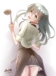  1girl apron brown_skirt d-style_wed frilled_skirt frills from_behind green_eyes green_hair hair_ornament hairclip kantai_collection ladle long_hair looking_at_viewer looking_back pleated_skirt skirt smile solo suzuya_(kantai_collection) twitter_username 