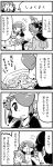  1boy 2girls 4koma apron caterpillar comic drooling feathered_wings formal glasses hair_over_one_eye harpy head_feathers head_scarf hirokazu_sasaki monochrome monster_girl multiple_girls necktie nobuyoshi-zamurai payot plate rin_(torikissa!) siblings sisters suit suzu_(torikissa!) sweatdrop tail_feathers talons torikissa! translation_request wings 